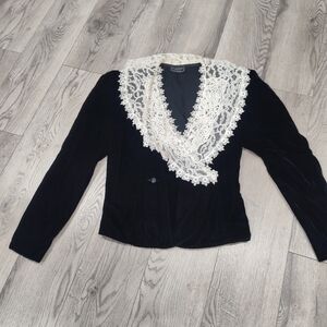 Cachet Black Velvet Teddy Jacket with Cream Lace Collar